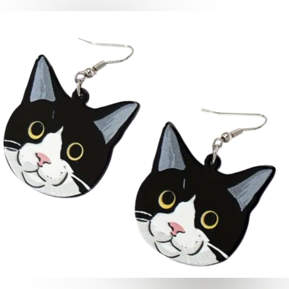 Tuxedo Cat Head Design Dangle Earrings Cartoon Style Jewelry black white heads